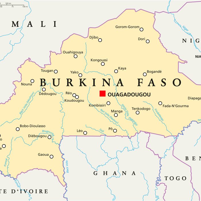 Burkina Faso Political Map with capital Ouagadougou, national borders, most important cities, rivers and lakes. English labeling and scaling.